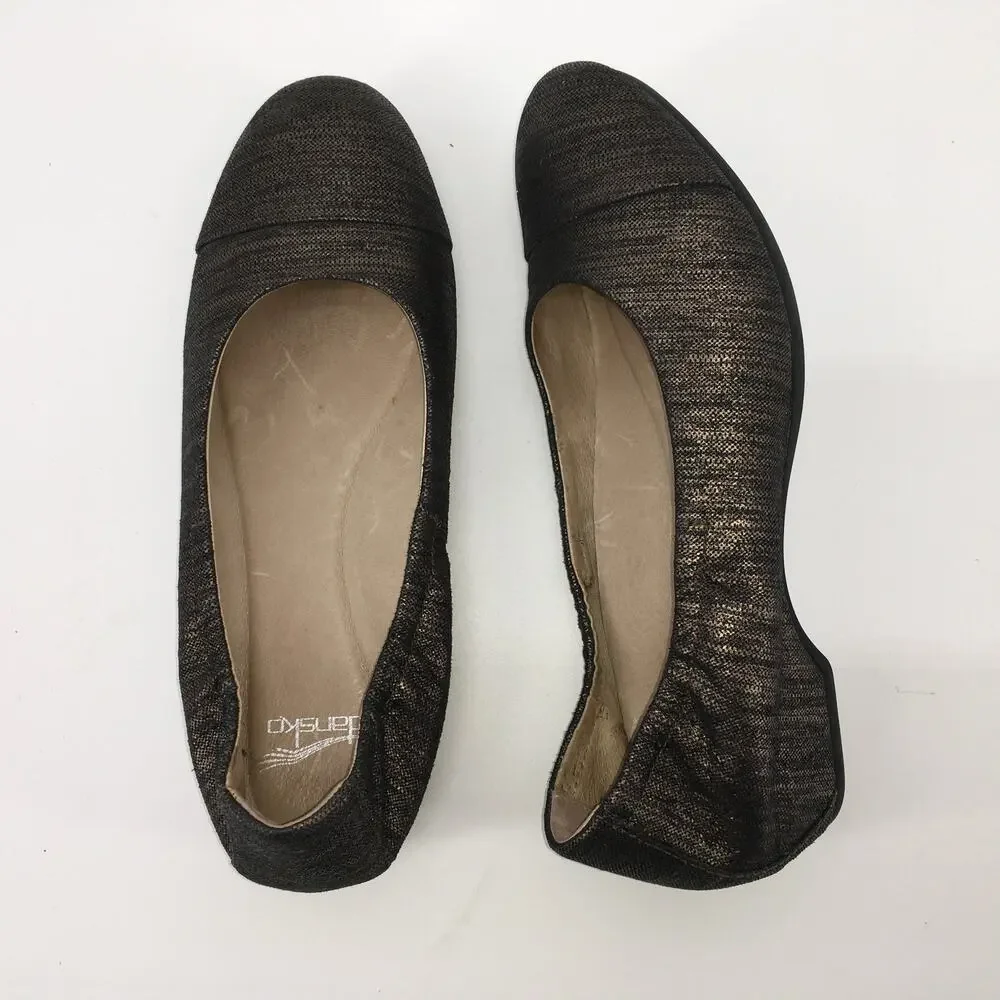 Dansko Lisanne Ballet Flat Pewter Leather Womens 38 7.5-8 Metallic Gold Black